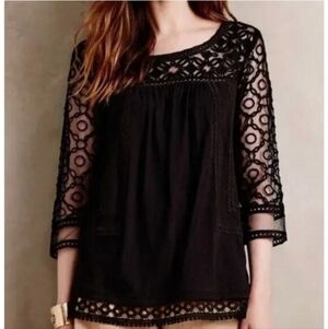 Anthropologie Meadow & Rue Black Crochet Lace 3/4 Sleeve Boho Top. Sz XS